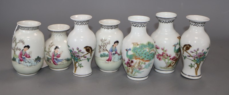 Seven 20th century Chinese famille rose vases, tallest 11cm